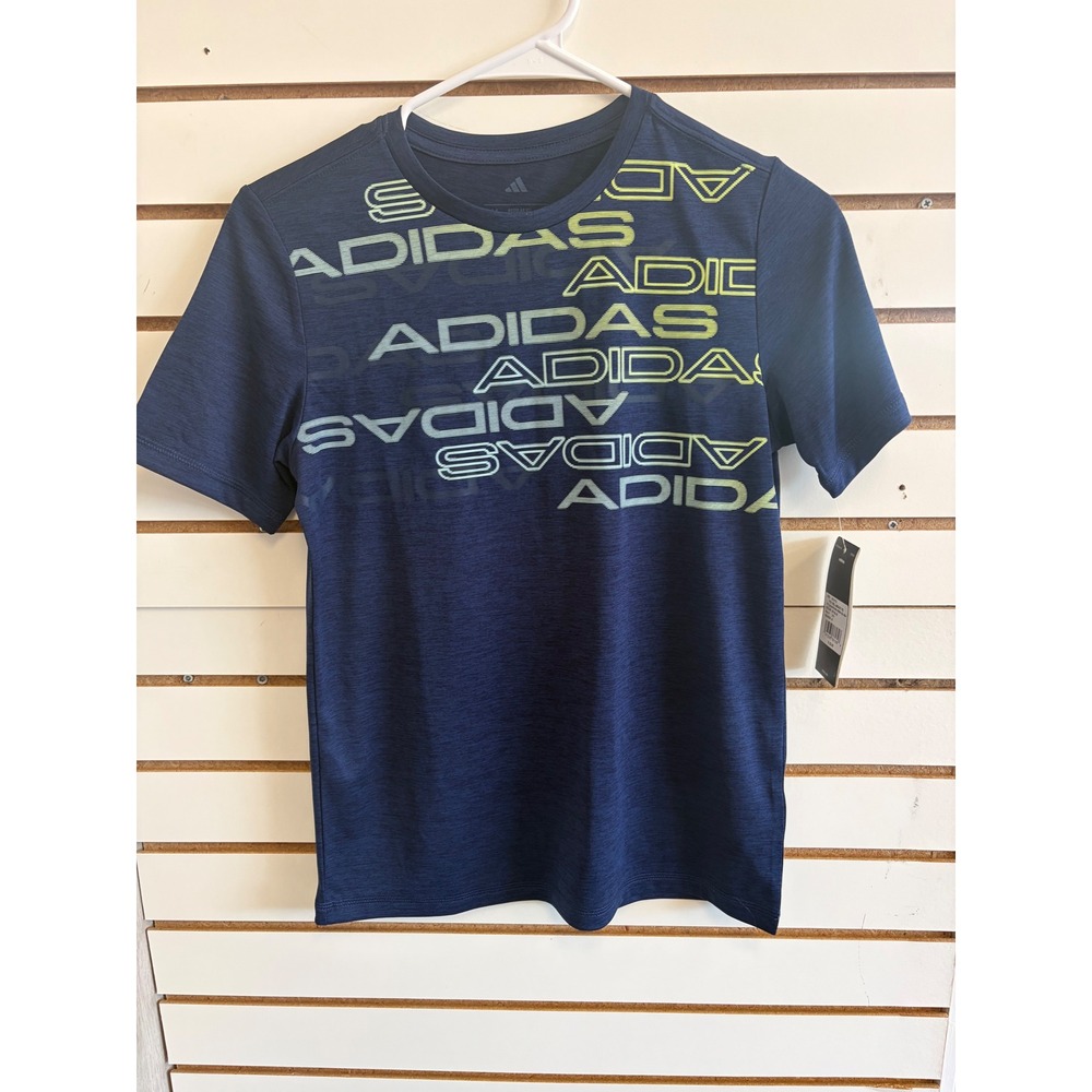 Adidas Boys Poly Mel Lineage Tee Dark Blue Lime Green Graphic Shirt M 10/12